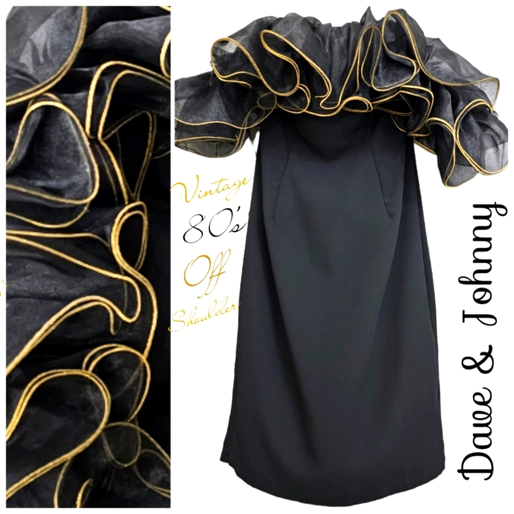 Dave & Johnny Off Shoulder Vintage 80s Blk & Gold Organza Ruffle Cocktail Dress